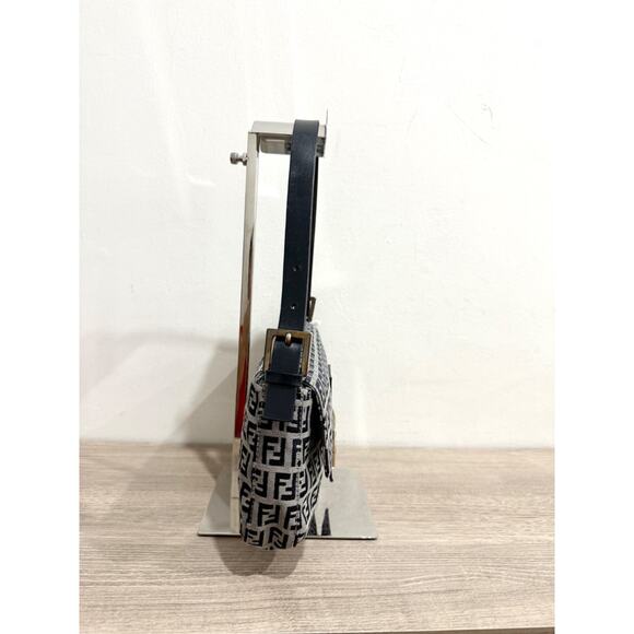 Fendi Zucchino Canvas & Leather Baguette Shoulder Handbag Light Gray/Navy Blue - Picture 5 of 16